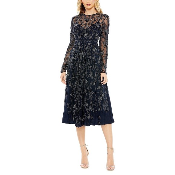Mac Duggal Dress Size 4 Midi Beaded Style 10799 Illusion A Line Navy NWT - Picture 1 of 14